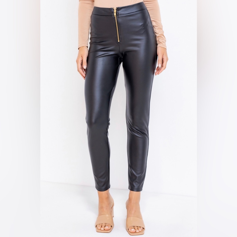 Faux leather tights with gold zipper detail
